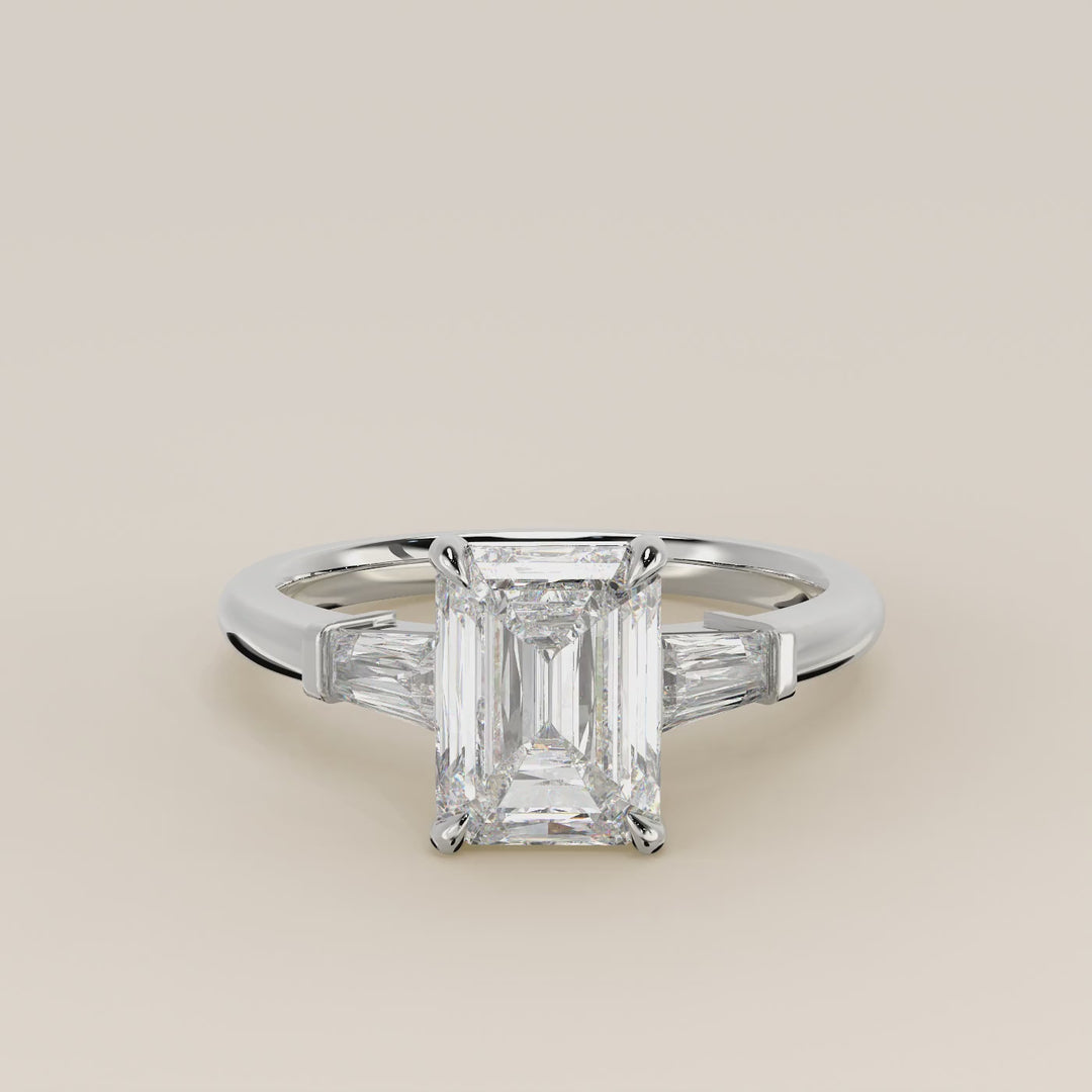 Alessia - Emerald Baguette Trilogyy Lab Grown Diamond Ring with Pointed Prongs