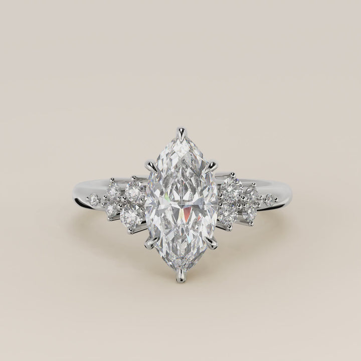 Verlovingsring marquise lab grown diamant met hidden halo en lage zetting, witgoud