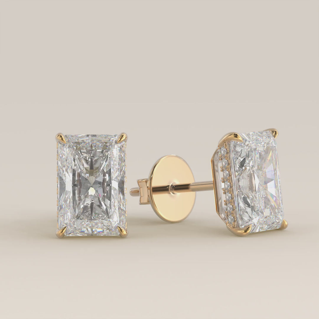 Stud oorbellen radiant lab grown diamant met hidden halo, geelgoud