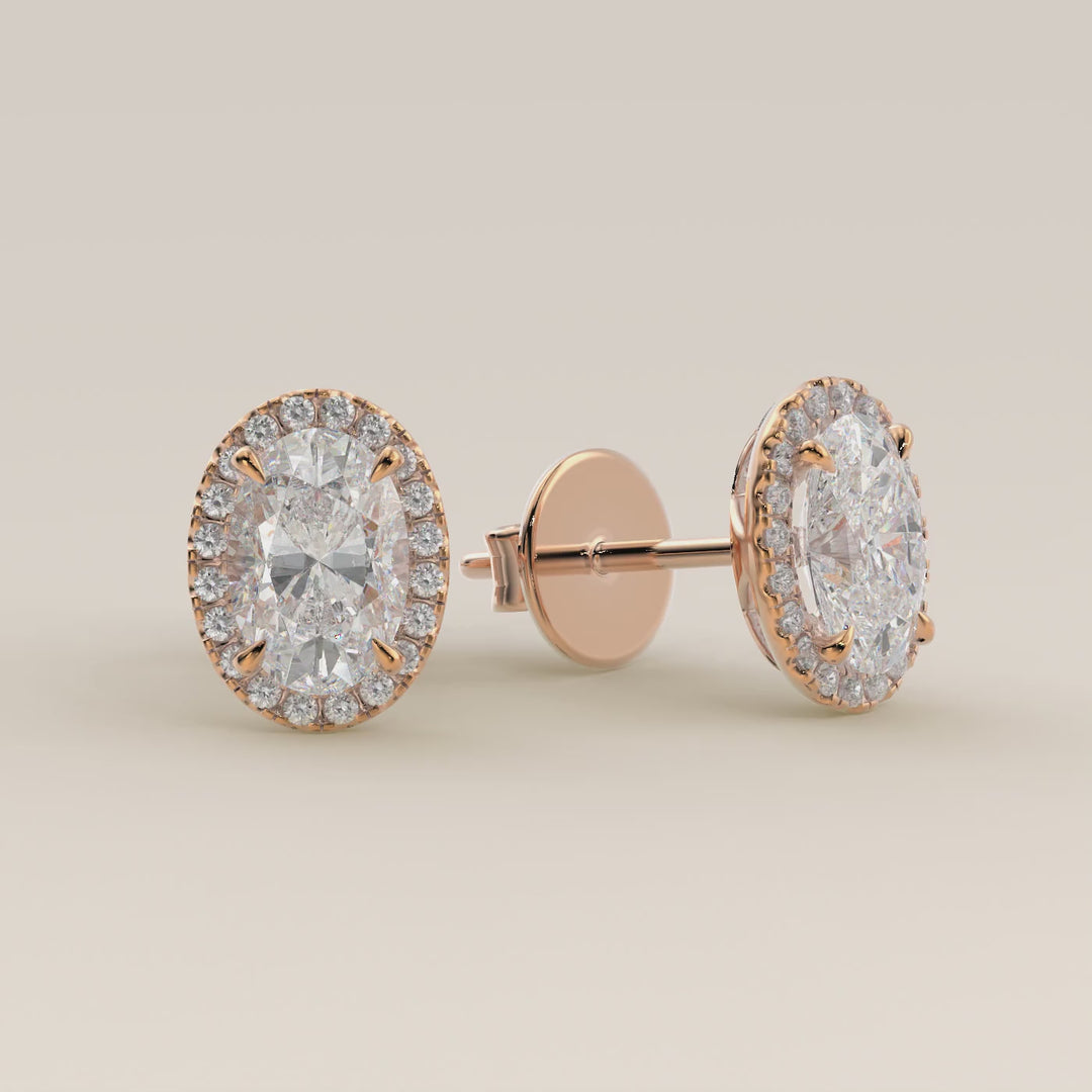 Stud oorbellen halo ovaal lab grown diamant, rosegoud