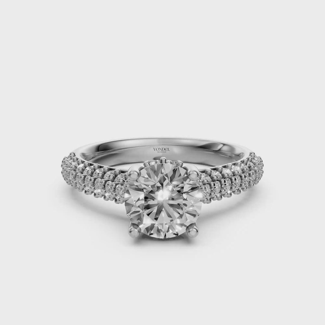 Rond Briljant Solitaire met Brede Pave Band - Platina - 1,30 ct