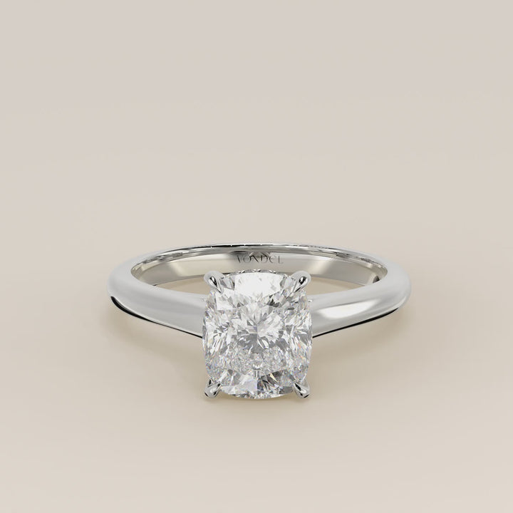Verlovingsring elongated cushion lab grown diamant met cathedral setting en hidden halo, witgoud