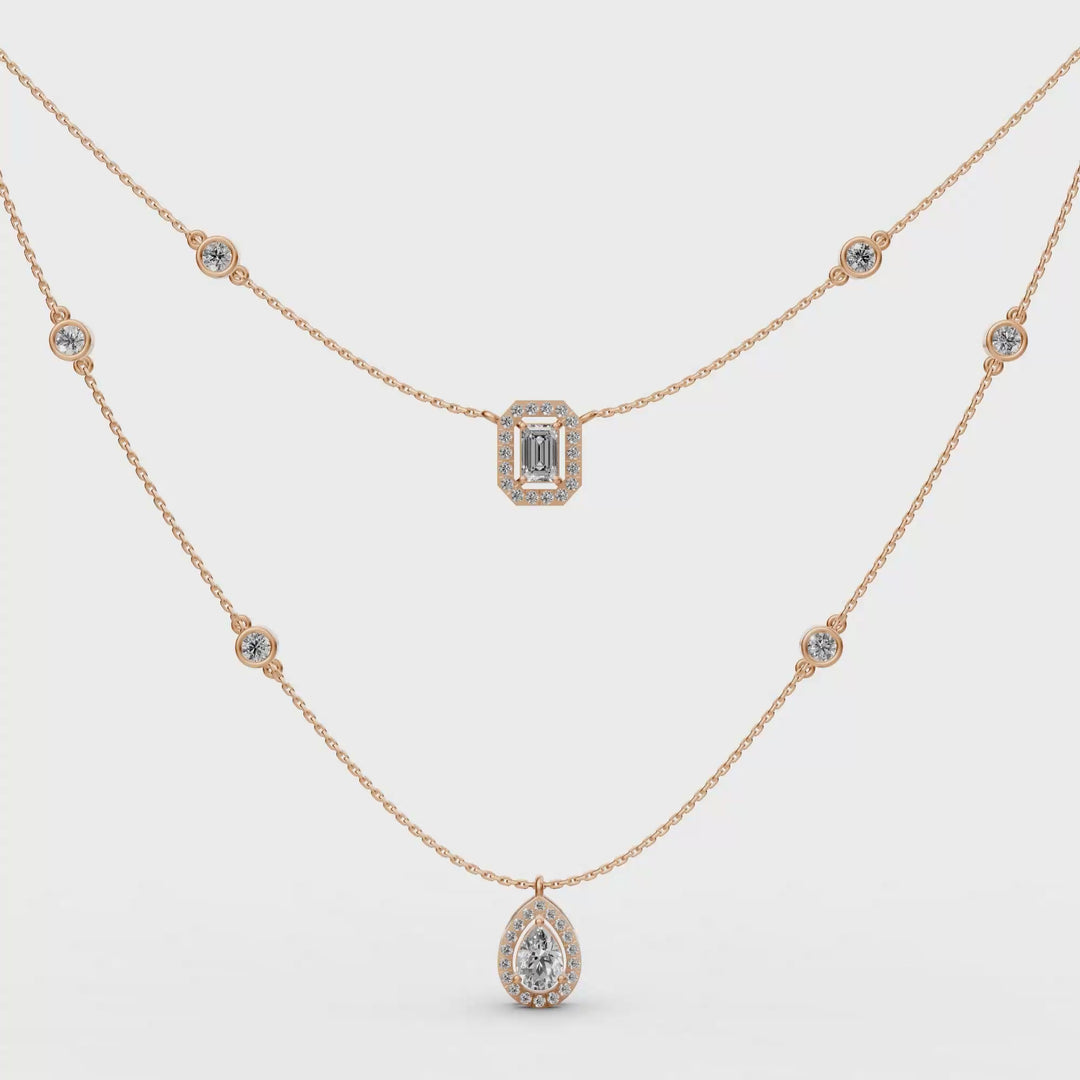 Gelaagd Collier met Emerald en Peer met Halo  - 18K Goud