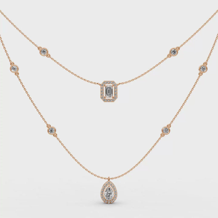 Gelaagd Collier met Emerald en Peer met Halo  - 18K Goud