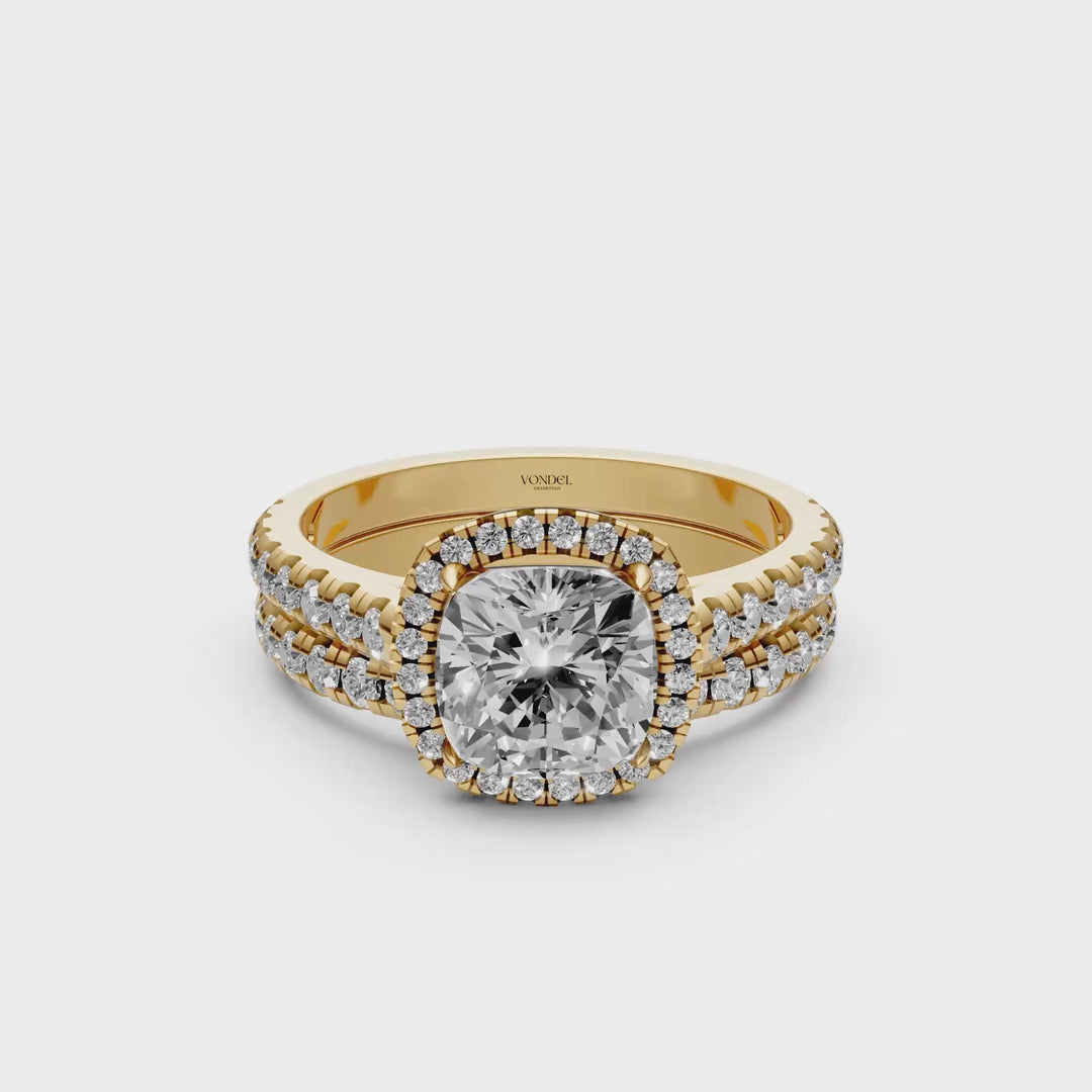 Cushion Halo Ring met Pave Band en Aanschuifring Set - 18K Geelgoud - 2,43 ct