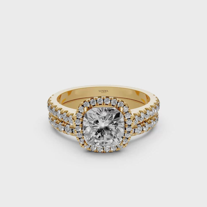 Cushion Halo Ring met Pave Band en Aanschuifring Set - 18K Geelgoud - 2,43 ct