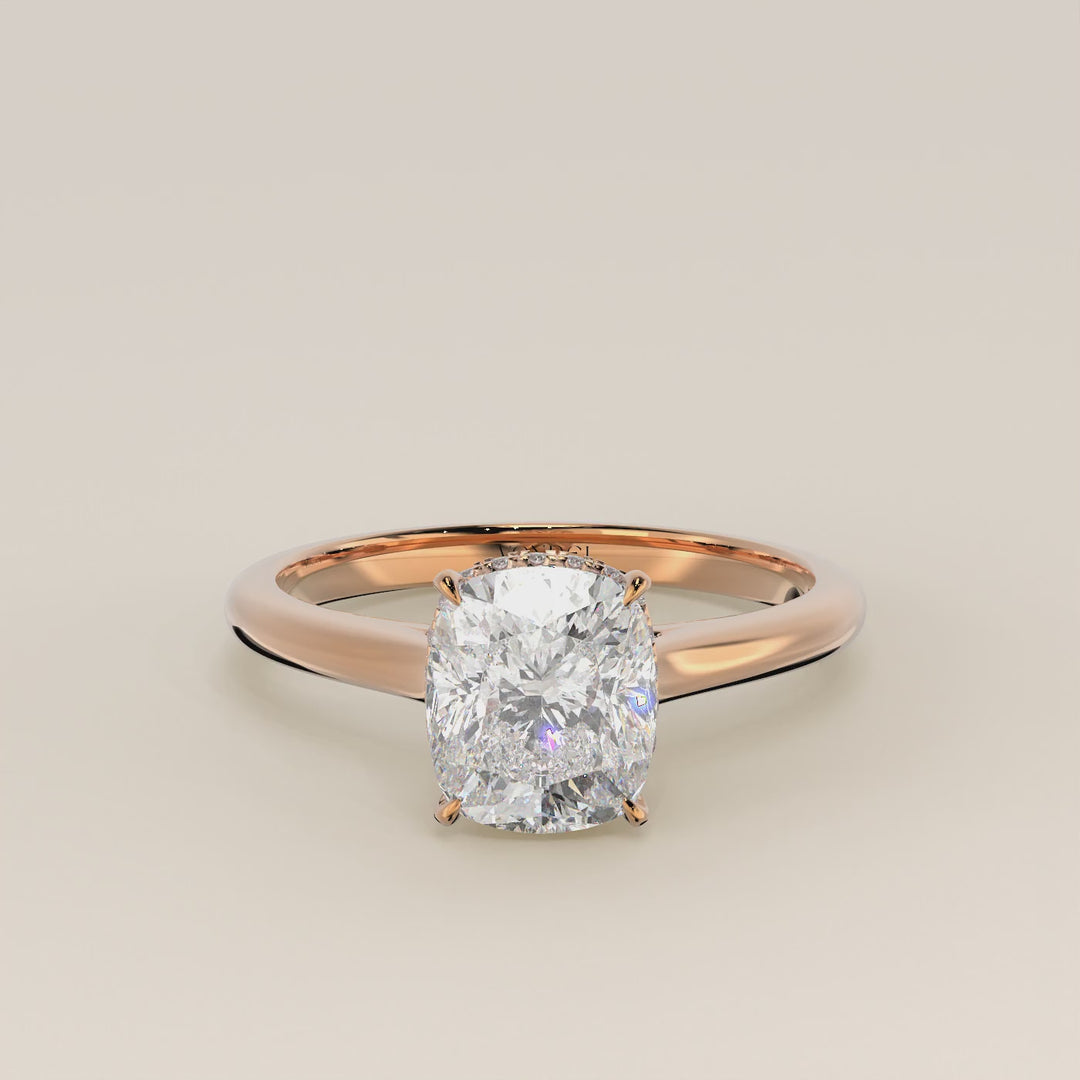 Mikki - Elongated Cushion Solitair Lab Grown Diamond Ring with Cathedral Setting and Wrap Around Halo