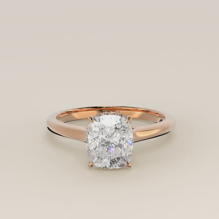 Mikki - Elongated Cushion Solitair Lab Grown Diamond Ring with Cathedral Setting and Wrap Around Halo