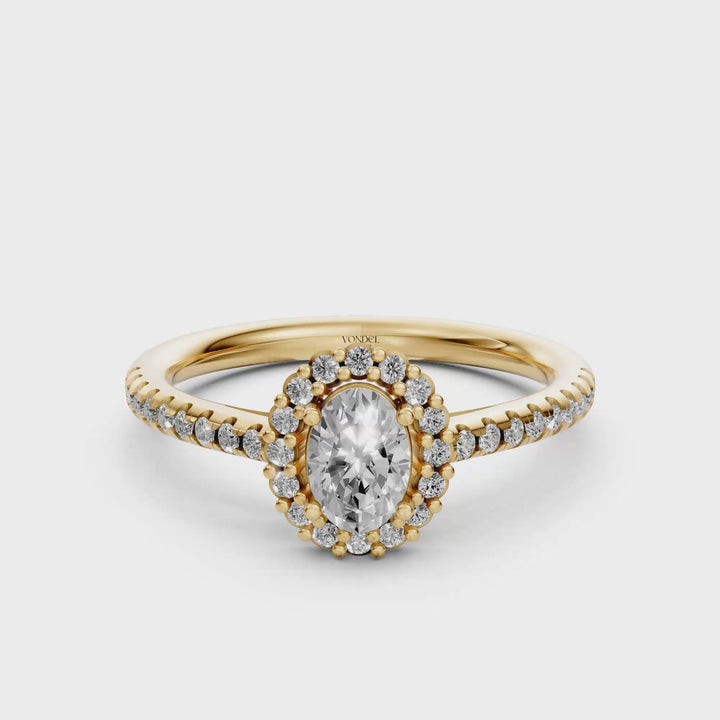 Oval Halo Ring met Pave Band en Lage Zetting
