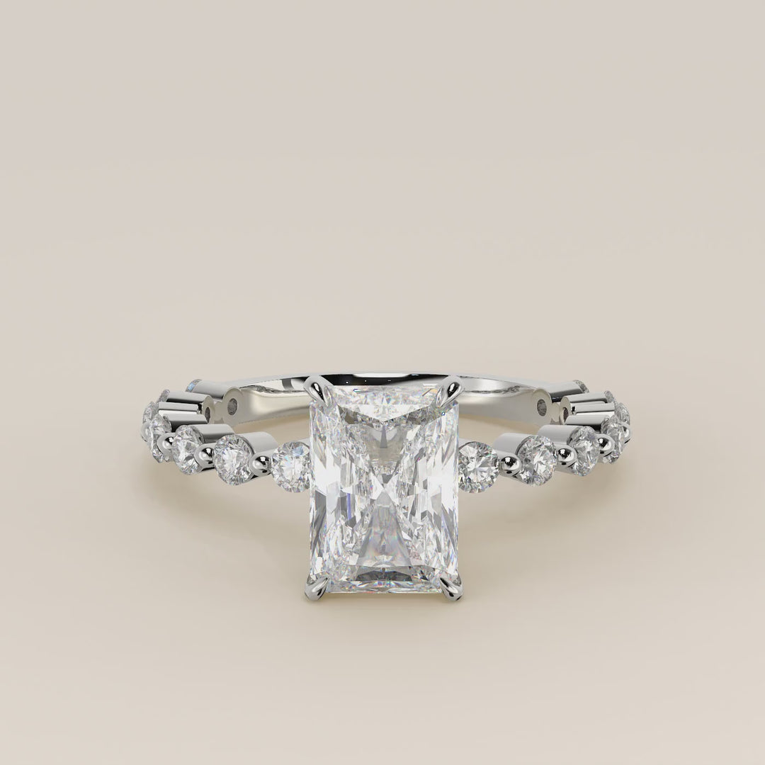 Verlovingsring radiant lab grown diamant met ronde diamanten band, witgoud