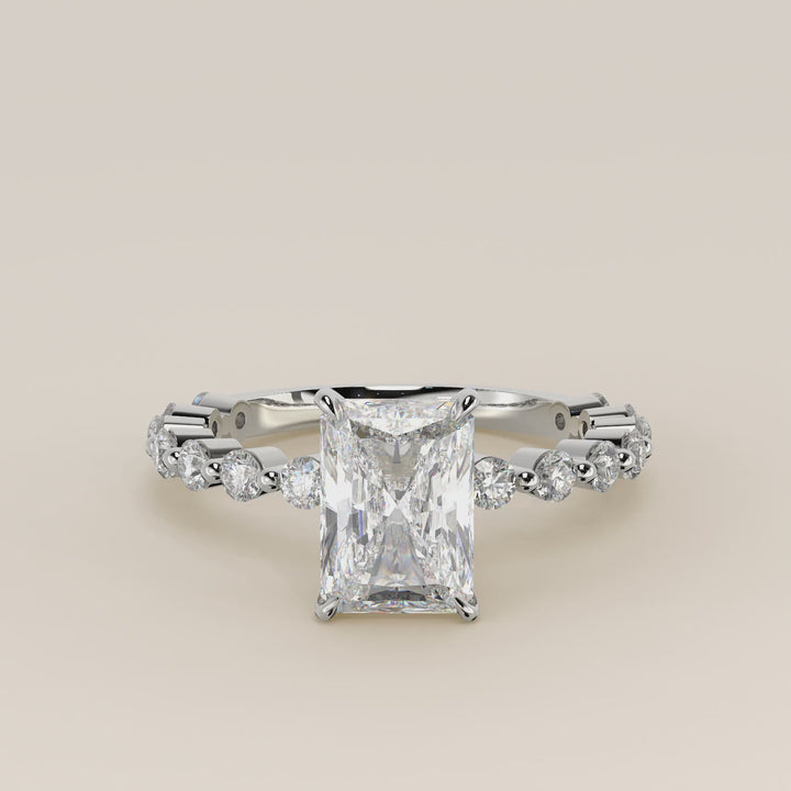 Verlovingsring radiant lab grown diamant met ronde diamanten band, witgoud