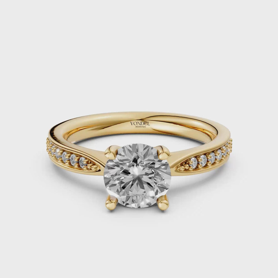 Rond Briljant Solitair Ring met Pave Band - 18K Geelgoud - 1,28 ct