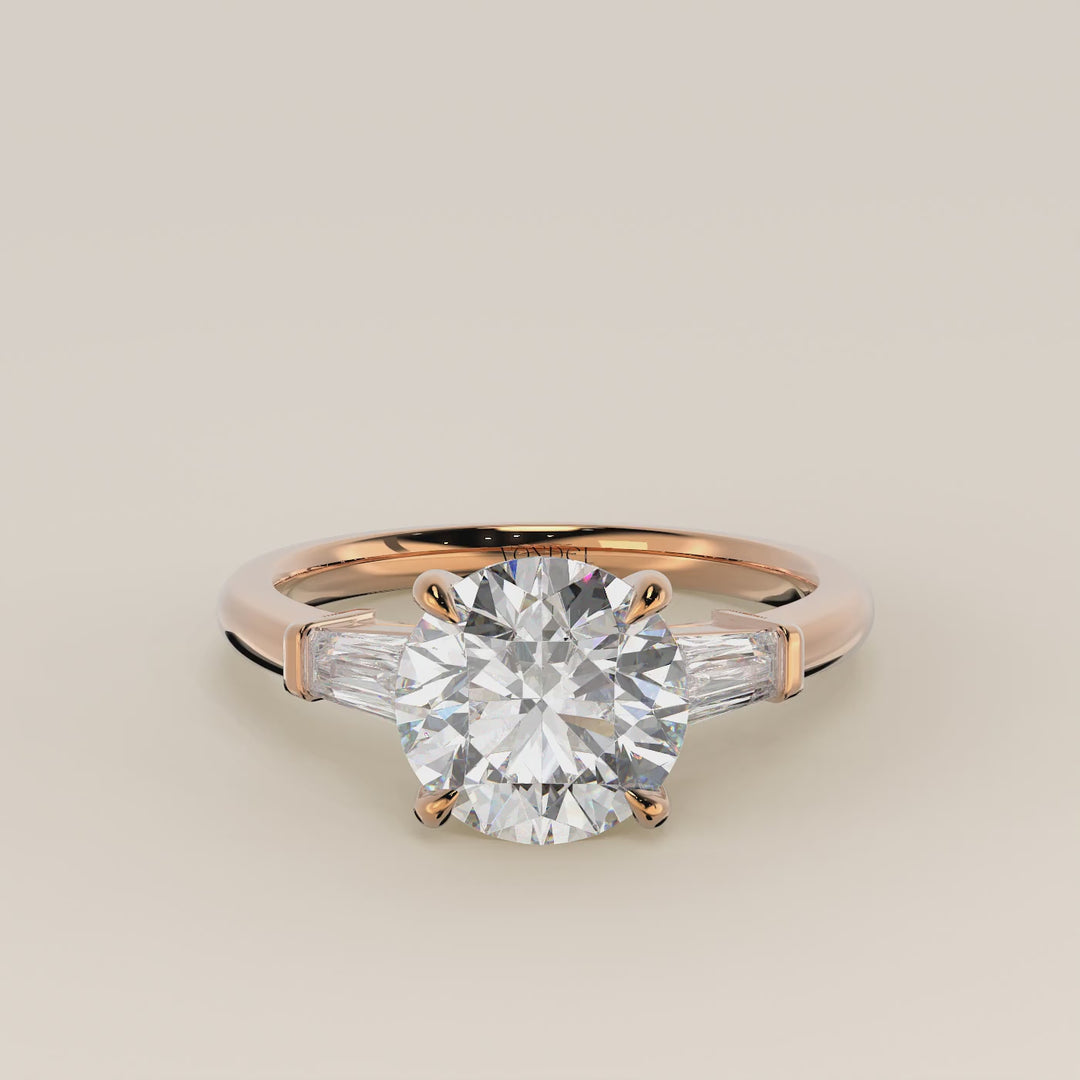 Alessia - Round Baguette Trilogyy Lab Grown Diamond Ring with Pointed Prongs