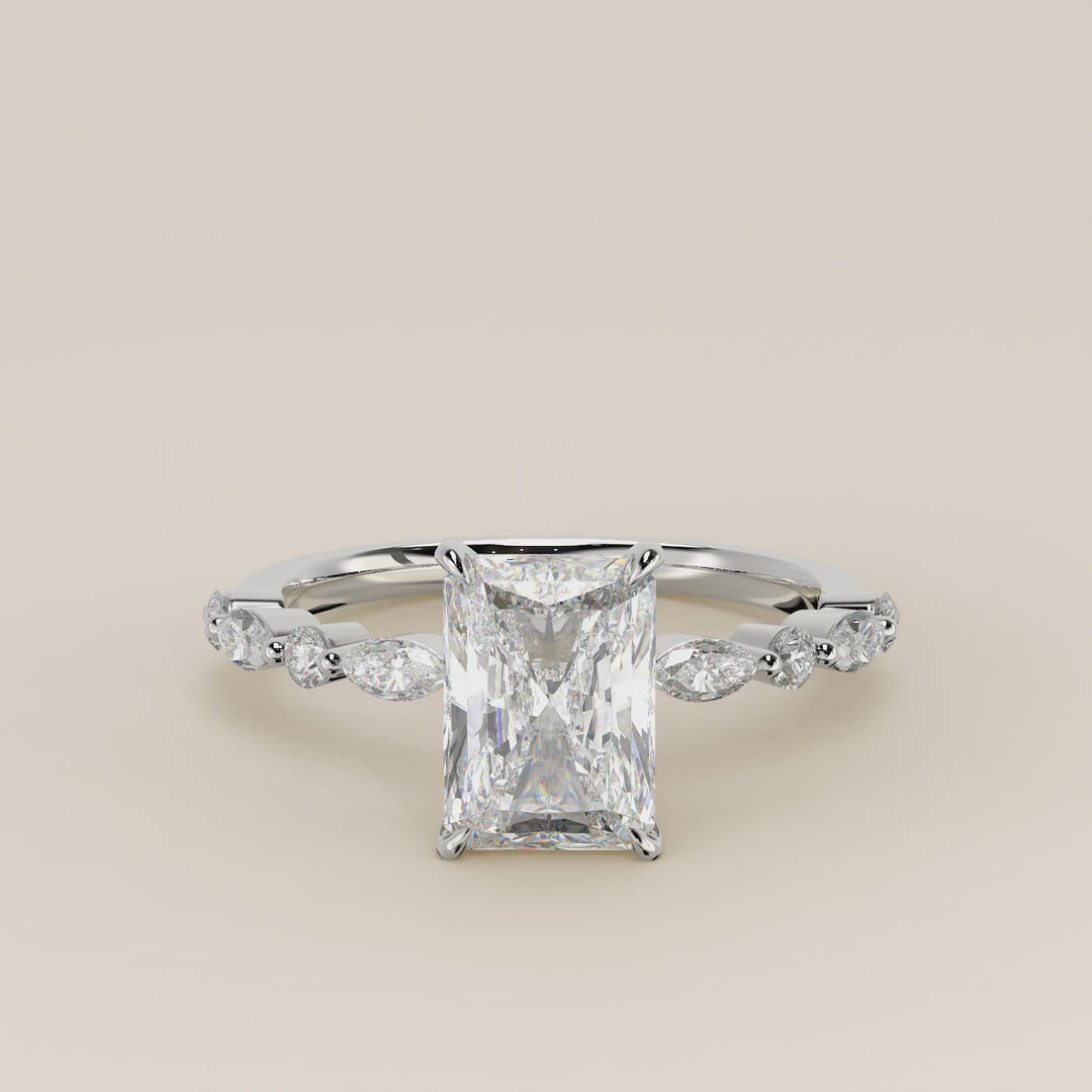 Verlovingsring radiant lab grown diamant met marquise- en ronde diamantband, witgoud