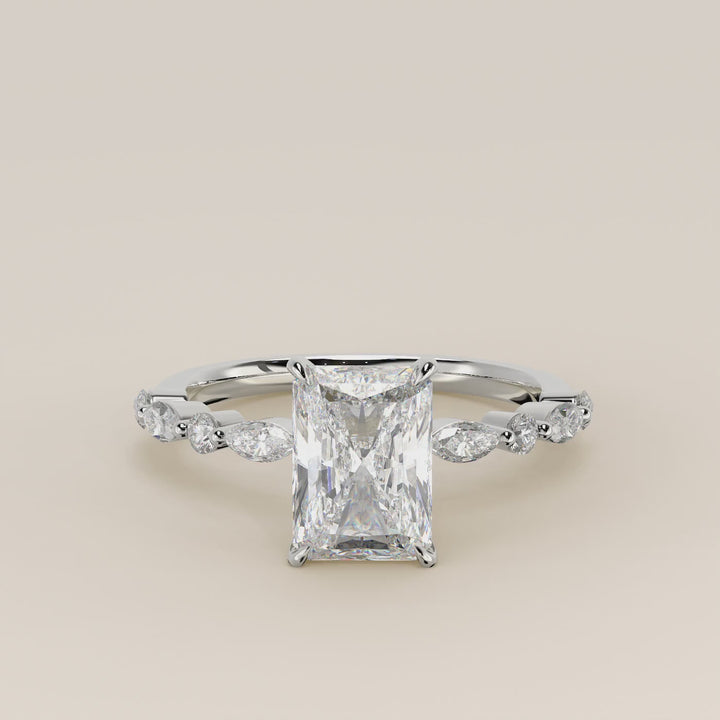 Verlovingsring radiant lab grown diamant met marquise- en ronde diamantband, witgoud