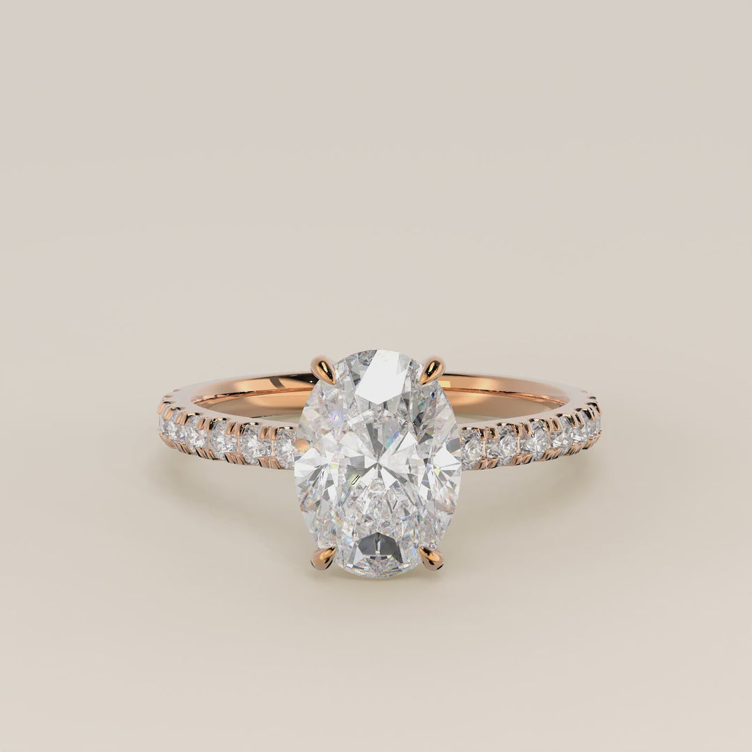 Kiya - Oval Lab Grown Diamond Ring with Hidden Halo, Pave Band and Open Bridge Setting