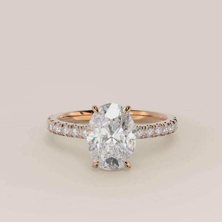 Kiya - Oval Lab Grown Diamond Ring with Hidden Halo, Pave Band and Open Bridge Setting