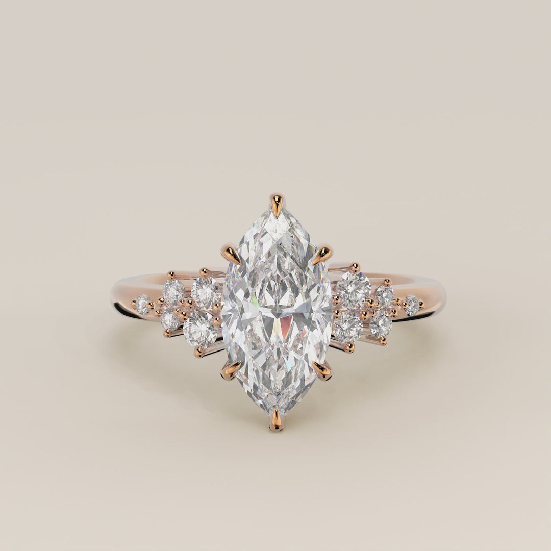 Verlovingsring marquise lab grown diamant met hidden halo en lage zetting, rosegoud