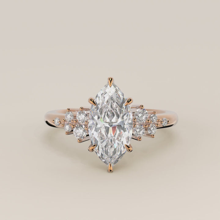 Verlovingsring marquise lab grown diamant met hidden halo en lage zetting, rosegoud