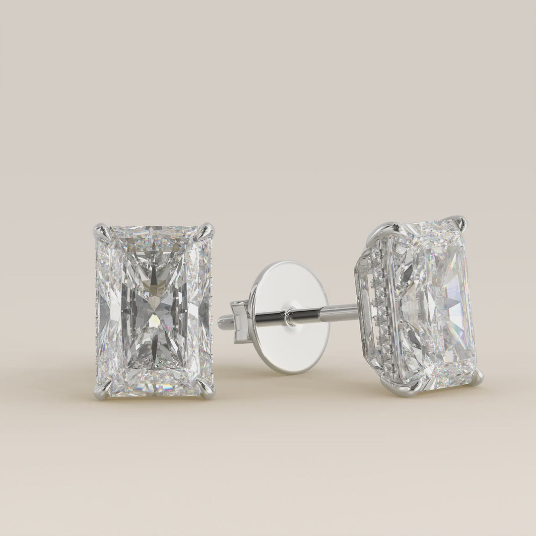 Stud oorbellen radiant lab grown diamant met hidden halo, witgoud
