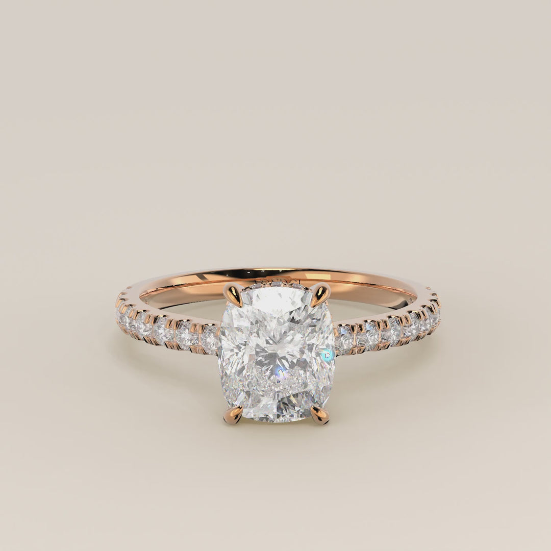 Kiya - Elongated Cushion Lab Grown Diamond Ring with Hidden Halo, Pave Band and Open Bridge Setting