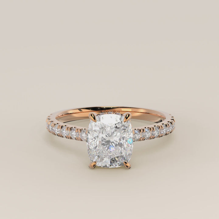 Kiya - Elongated Cushion Lab Grown Diamond Ring with Hidden Halo, Pave Band and Open Bridge Setting