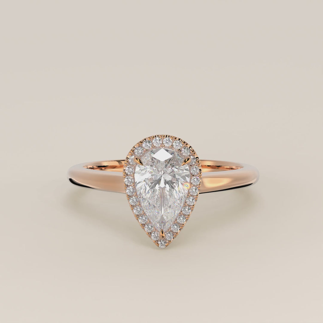 Verlovingsring peer halo lab grown diamant met cathedral en hoge zetting, rosegoud