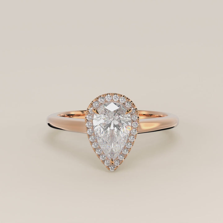 Verlovingsring peer halo lab grown diamant met cathedral en hoge zetting, rosegoud