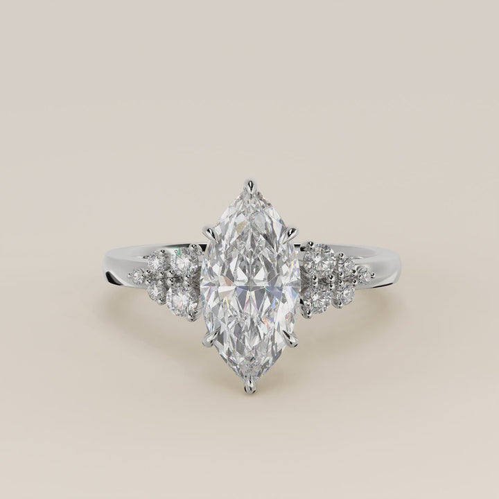 Verlovingsring marquise lab grown diamant met snowdrift en hidden halo, witgoud
