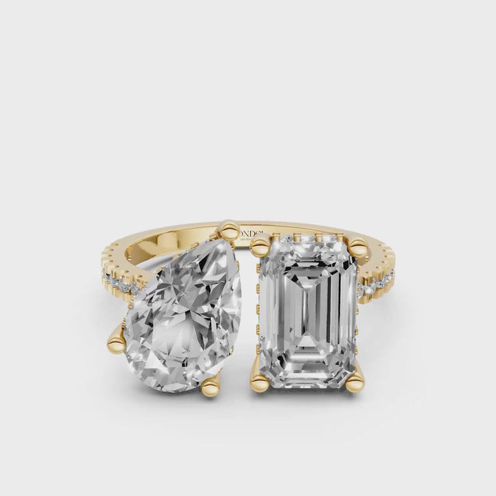 Toi et Moi Ring - Emerald Peer met Hidden Halo en Pave Band - 18K Goud - 3,60 ct