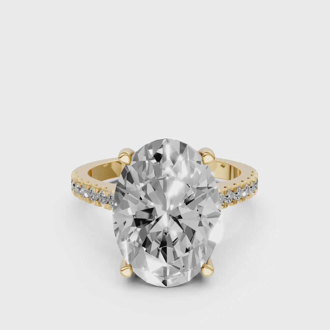 Ovale Solitaire met Pave Band en Brug - 18K Geelgoud - 5,60 ct