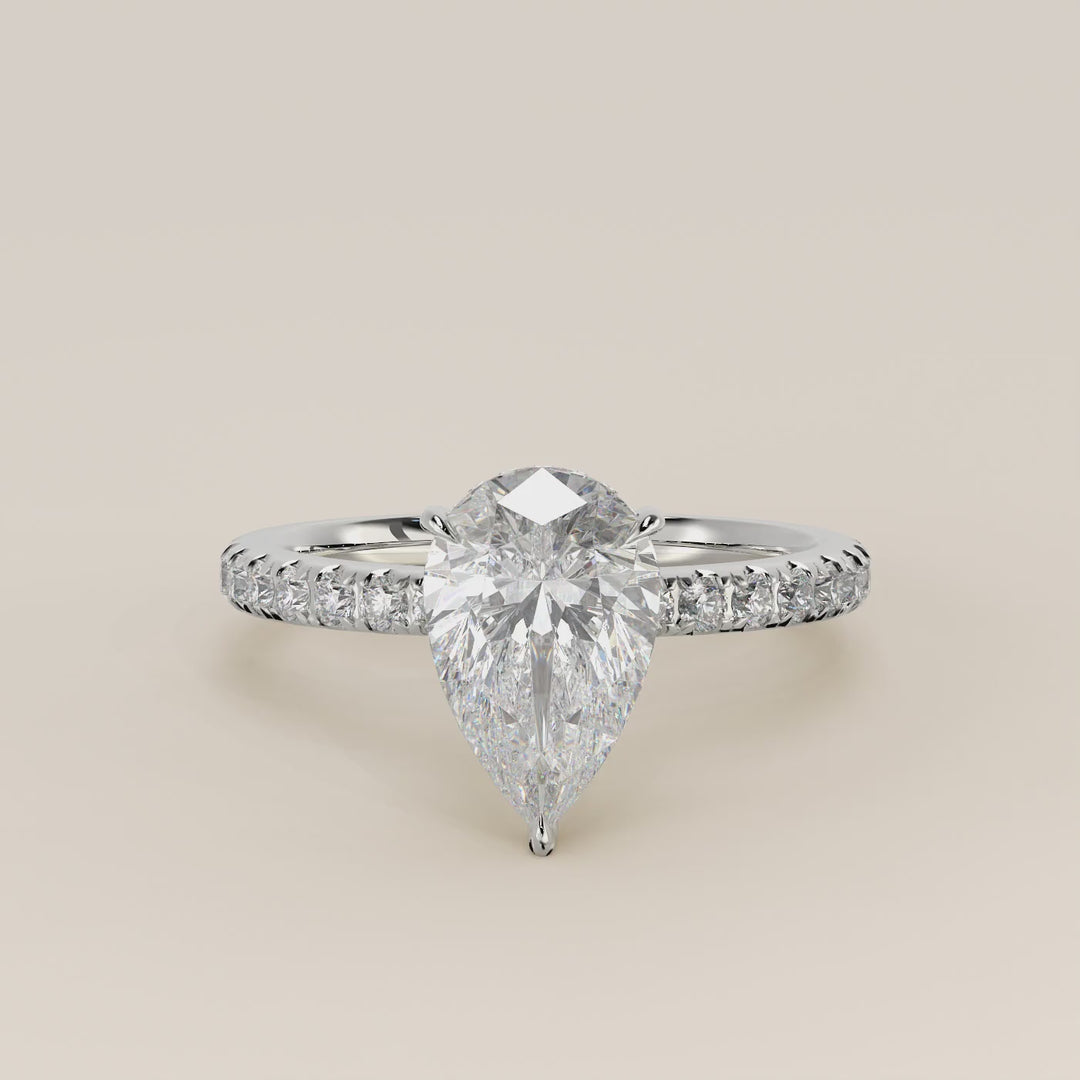 Verlovingsring peer lab grown diamant met hidden halo en pave band, witgoud