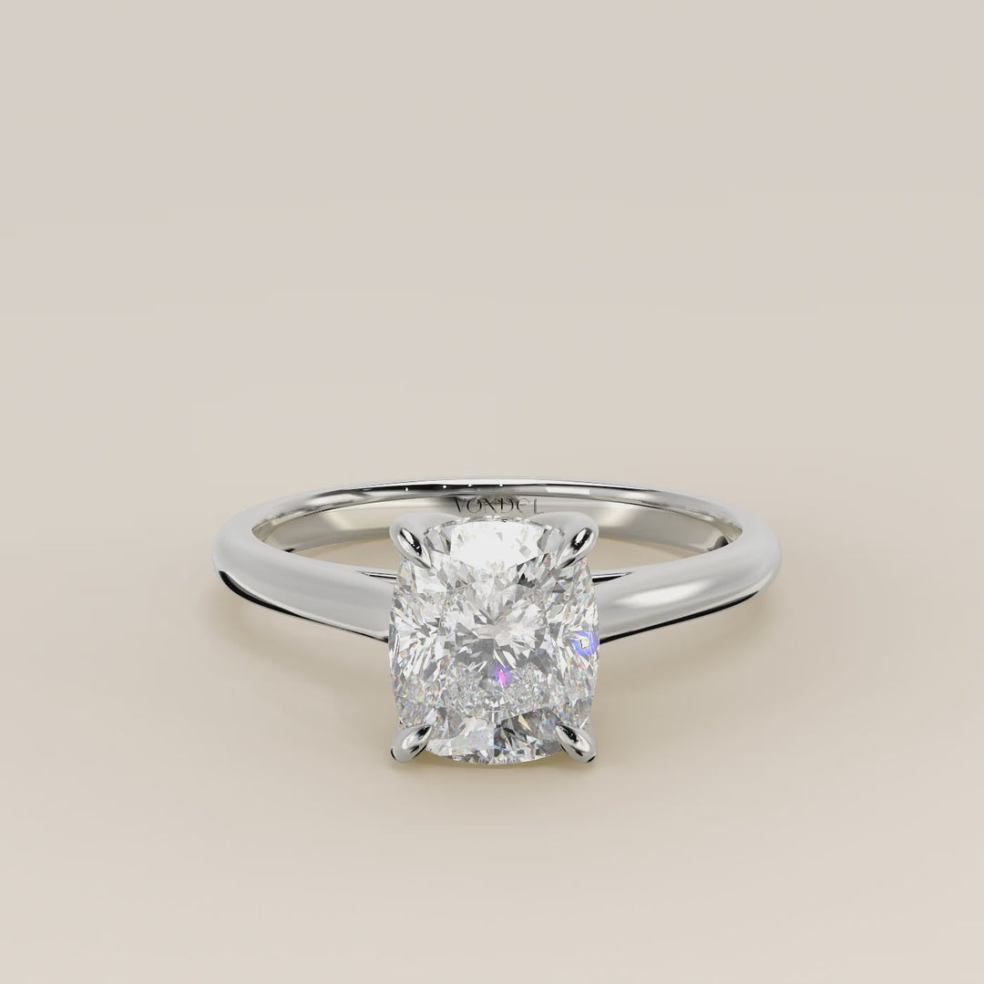 Verlovingsring elongated cushion lab grown diamant met petal prongs en hidden halo, witgoud