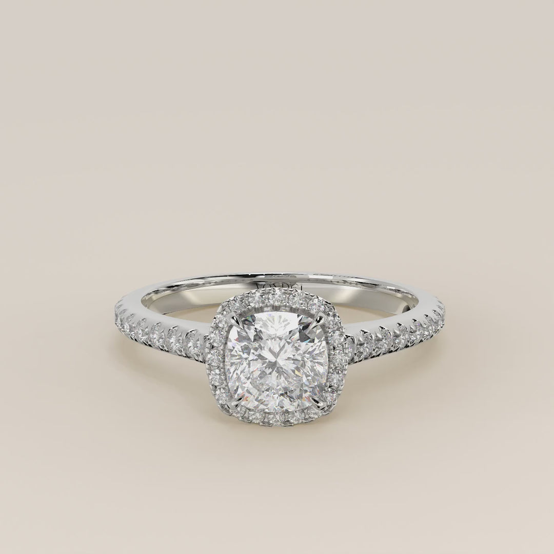 Bague Rosie - Diamants de laboratoire sertis halo coussin et anneau pavé
