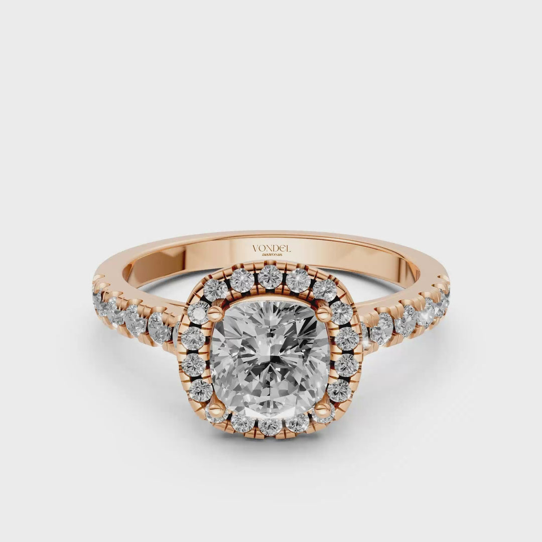 Cushion Halo Ring met Pave Band en Lage Zetting - 1,42 ct