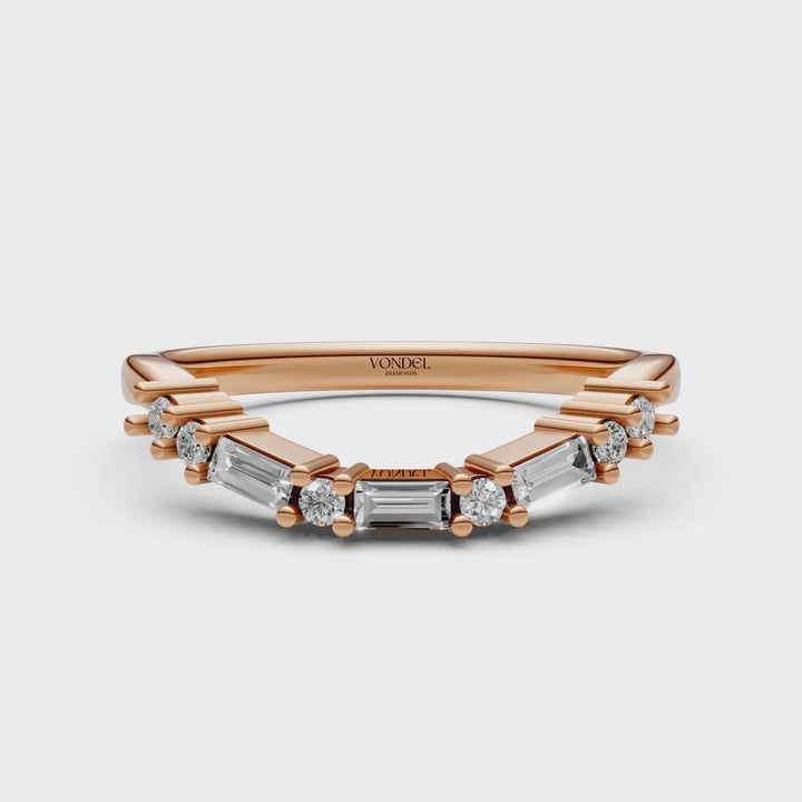 Curved Rijring met Baguette en Rond Briljant Geslepen Diamanten  - 18K Geelgoud - 0,19 ct