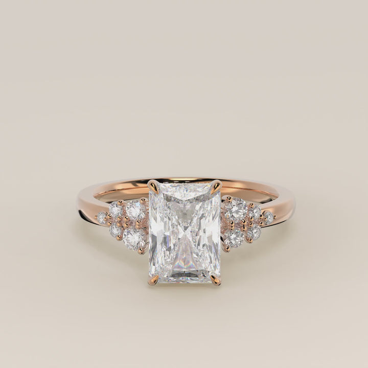 Verlovingsring radiant lab grown diamant met snowdrift en hidden halo, rosegoud