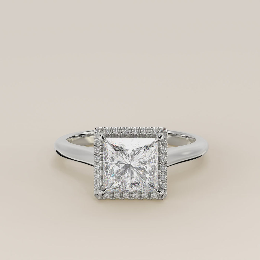Verlovingsring princess halo lab grown diamant met cathedral en hoge zetting, witgoud