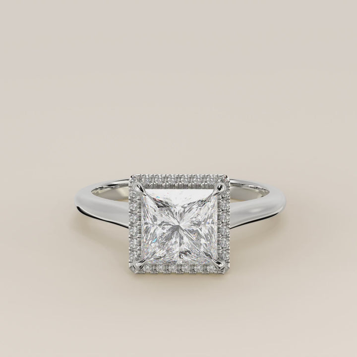 Verlovingsring princess halo lab grown diamant met cathedral en hoge zetting, witgoud