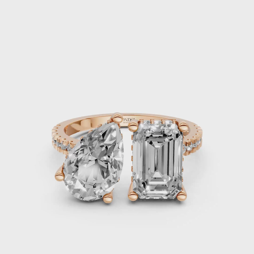 Toi et Moi Ring - Emerald Peer met Hidden Halo en Pave Band - 18K Goud - 3,60 ct