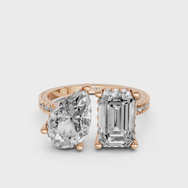 Toi et Moi Ring - Emerald Peer met Hidden Halo en Pave Band - 18K Goud - 3,60 ct