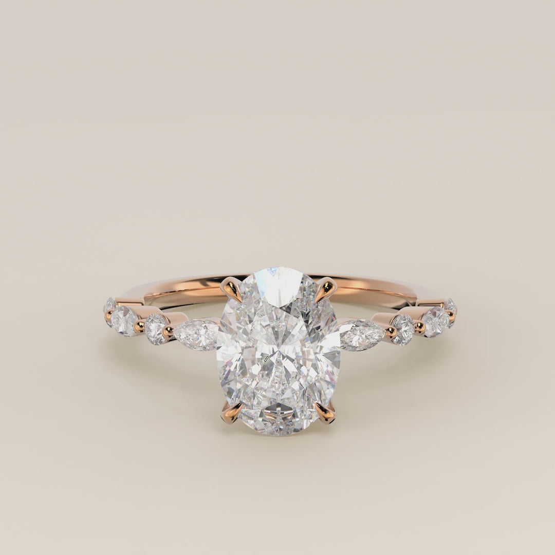 Verlovingsring ovaal lab grown diamant met marquise- en ronde diamantband, rosegoud