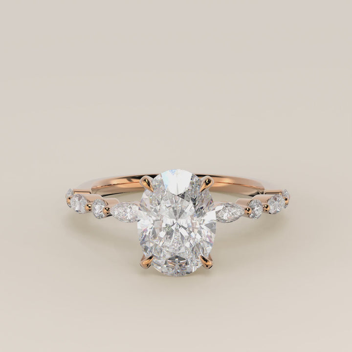 Verlovingsring ovaal lab grown diamant met marquise- en ronde diamantband, rosegoud