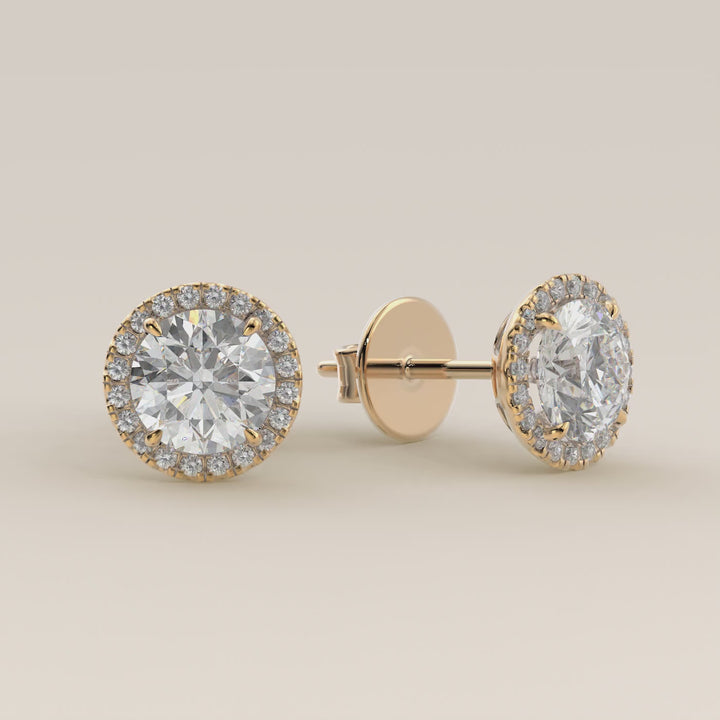 Stud oorbellen halo rond lab grown diamant, geelgoud