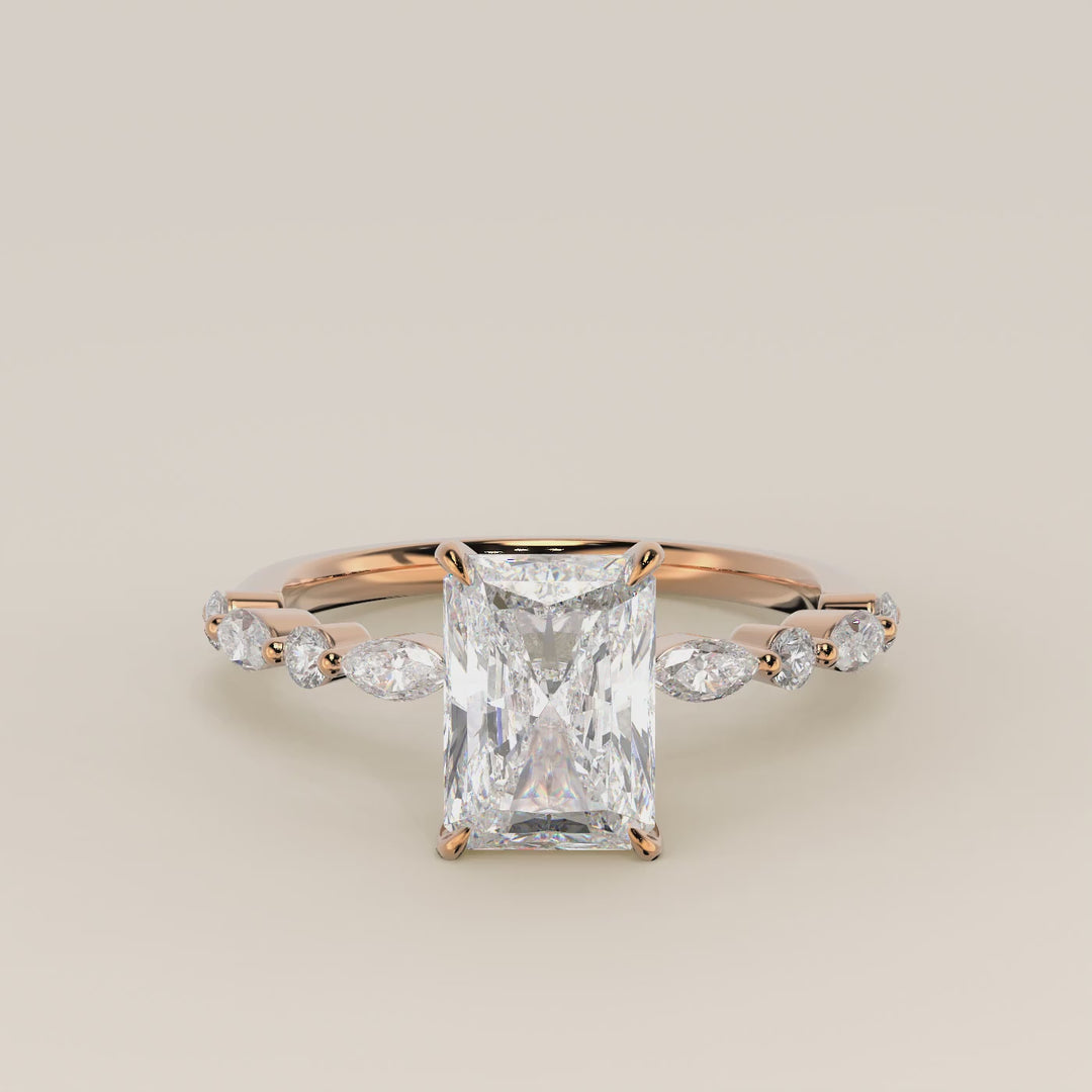 Verlovingsring radiant lab grown diamant met marquise- en ronde diamantband, rosegoud