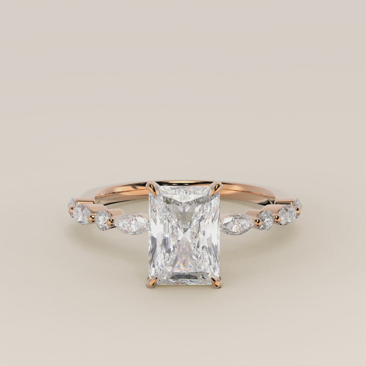 Verlovingsring radiant lab grown diamant met marquise- en ronde diamantband, rosegoud