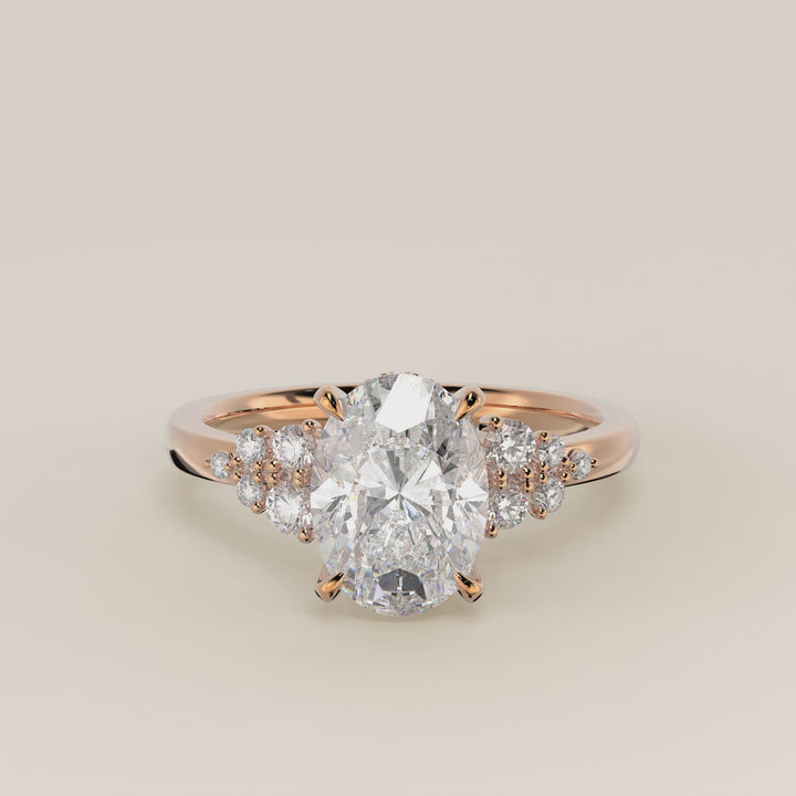 Verlovingsring ovaal lab grown diamant met snowdrift en hidden halo, rosegoud