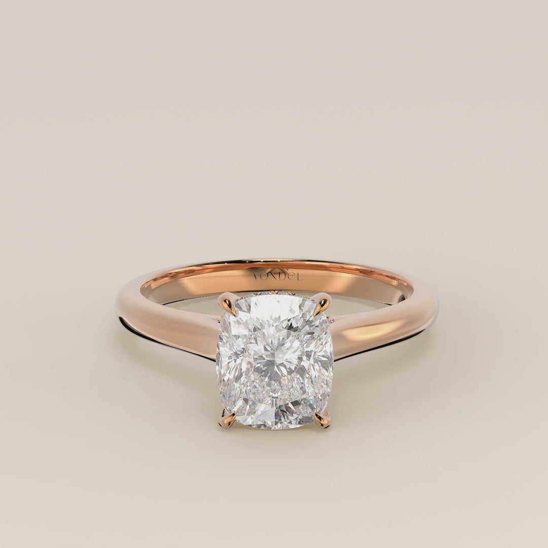 Verlovingsring elongated cushion lab grown diamant met cathedral setting, hidden halo en diamond bridge, rosegoud