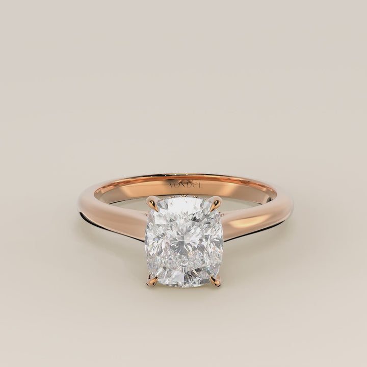 Verlovingsring elongated cushion lab grown diamant met cathedral setting, hidden halo en diamond bridge, rosegoud