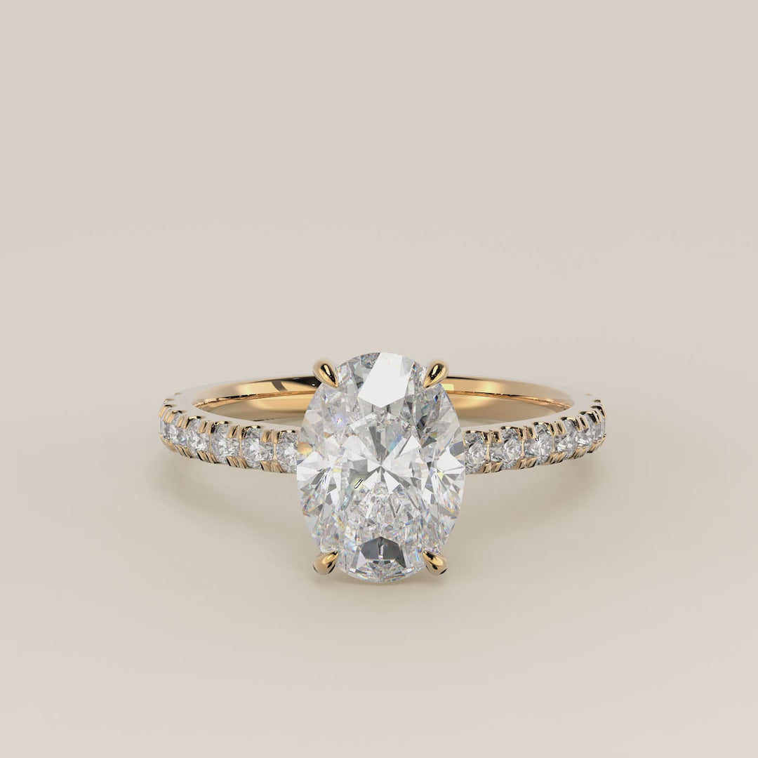Kiya - Oval Lab Grown Diamond Ring with Hidden Halo, Pave Band and Open Bridge Setting